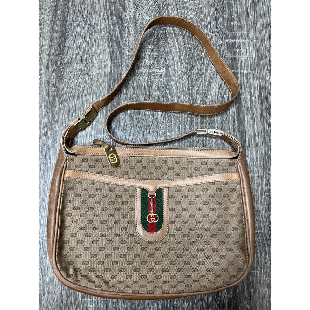 GUCCI Micro Sherry Line GG Bit Canvas Brown Leather Shoulder Bag Purse VTG Rare! - Picture 2 of 16